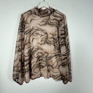 Chico's Womens Sheer Long Sleeve Tiger Print Mock Neck Blouse Top Large Brown